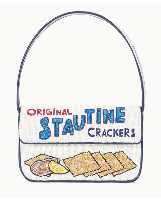STAUD Handbags - STAUD White Beaded "Stautine Crackers" Shoulder Bag with Blue Lettering